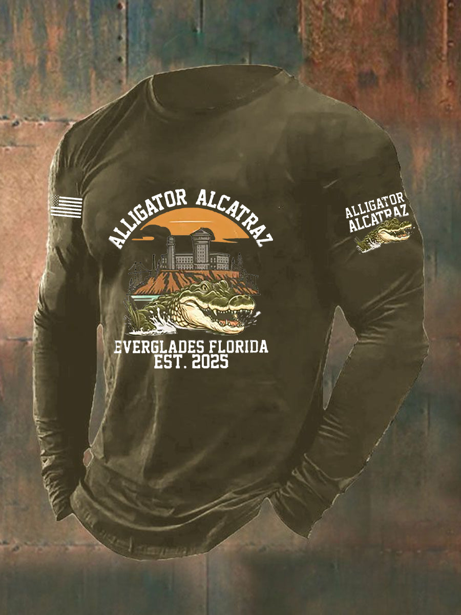 Men's Retro Alligator Alcatraz Funny Florida Everglades Dark Humor Long Sleeve T-shirt
