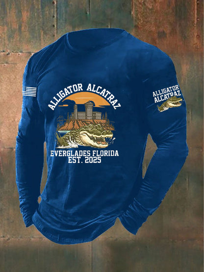 Men's Retro Alligator Alcatraz Funny Florida Everglades Dark Humor Long Sleeve T-shirt