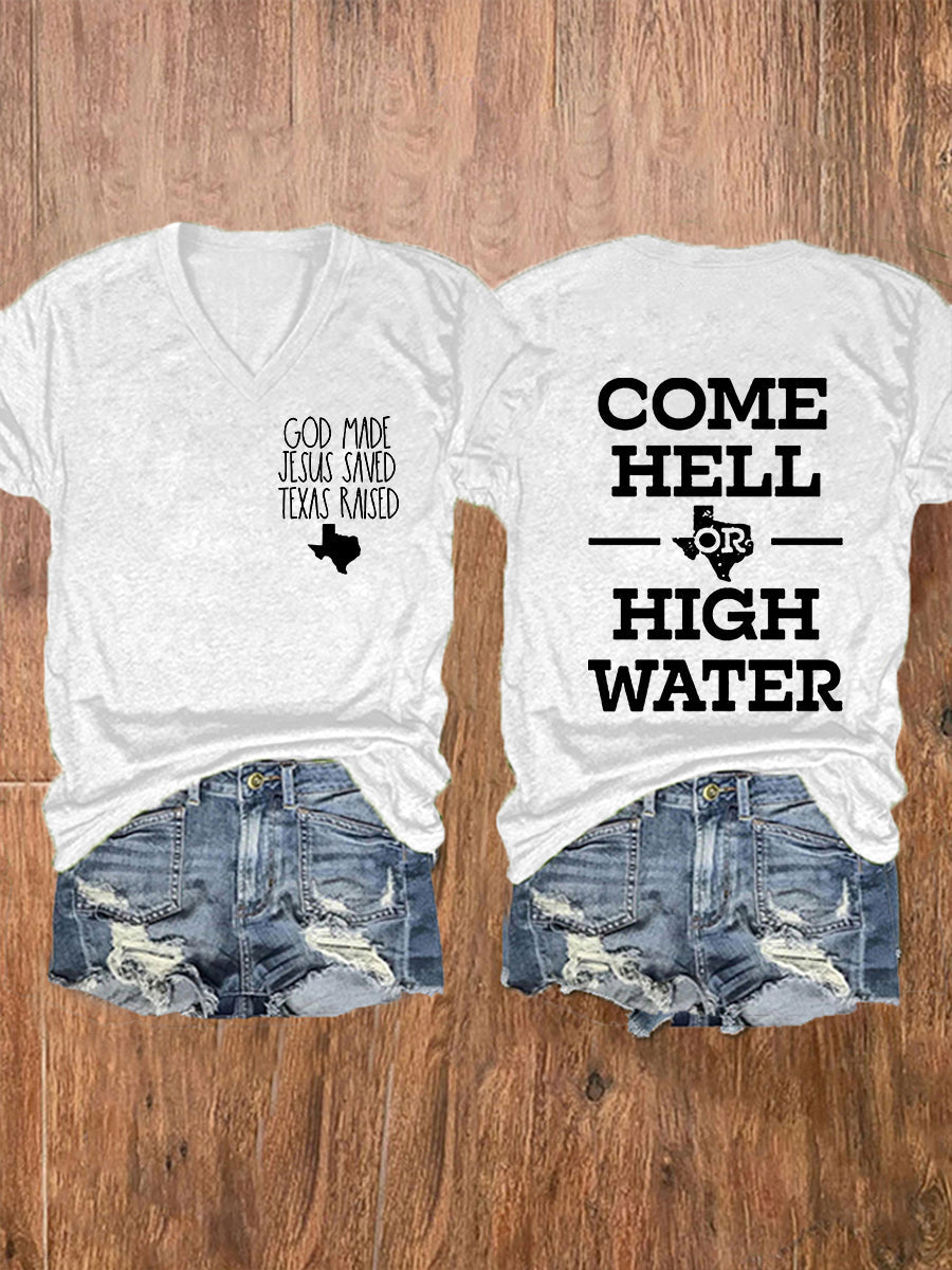 Women's Texas Strong God Made Jesus Saved Texas Raised Come Hell Or High Water Short-sleeved T-shirt