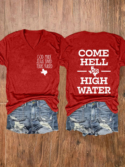 Women's Texas Strong God Made Jesus Saved Texas Raised Come Hell Or High Water Short-sleeved T-shirt