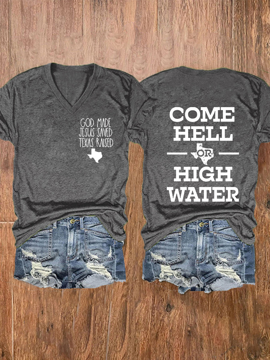Women's Texas Strong God Made Jesus Saved Texas Raised Come Hell Or High Water Short-sleeved T-shirt