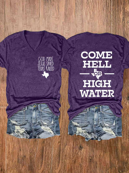 Women's Texas Strong God Made Jesus Saved Texas Raised Come Hell Or High Water Short-sleeved T-shirt