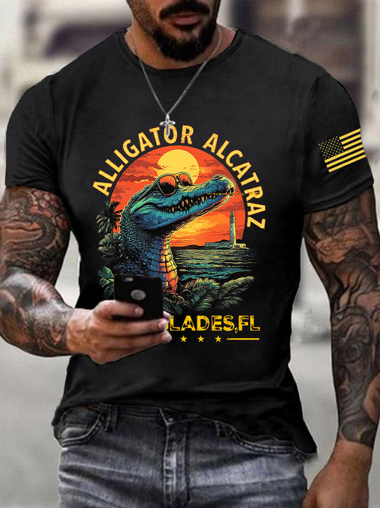 Men's Retro Alligator Alcatraz Funny Florida Everglades Dark Humor Short Sleeve T-shirt