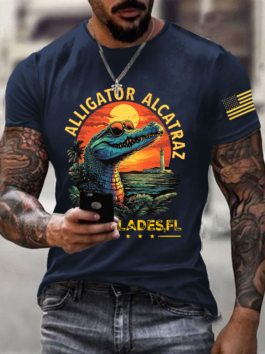 Men's Retro Alligator Alcatraz Funny Florida Everglades Dark Humor Short Sleeve T-shirt