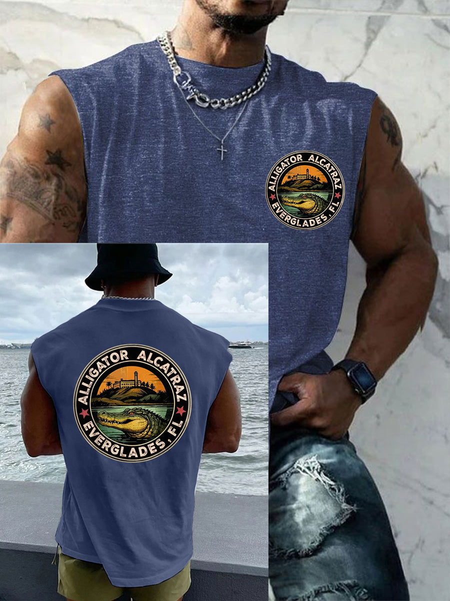Men's Retro Alligator Alcatraz Funny Florida Everglades Dark Humor Tank Top
