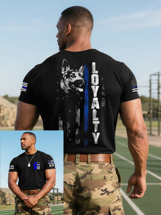 Men's Blue Line Patriotic K9 Police Officer Dog T-Shirt