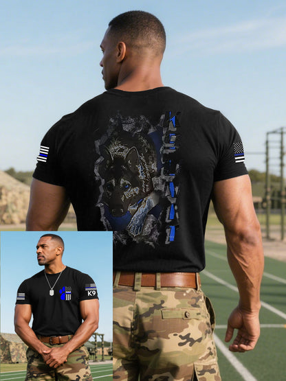 Men's Blue Line Patriotic K9 Police Officer Dog T-Shirt