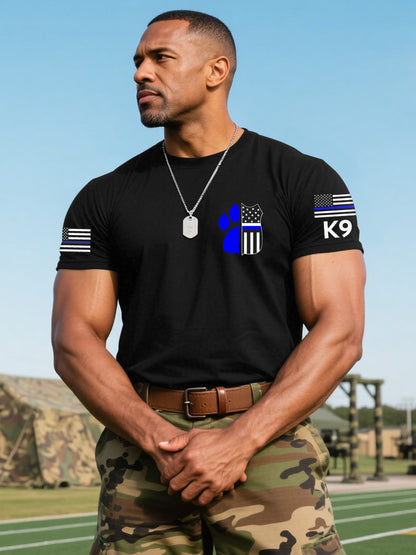 Men's Blue Line Patriotic K9 Police Officer Dog T-Shirt