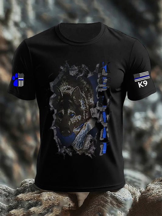 Men's Blue Line Patriotic K9 Police Officer Dog T-Shirt