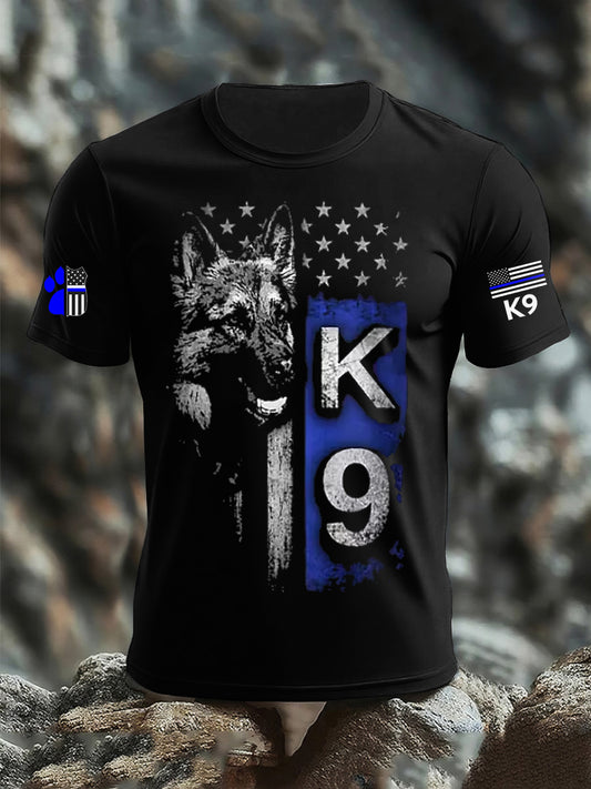 Men's Blue Line Patriotic K9 Police Officer Dog T-Shirt