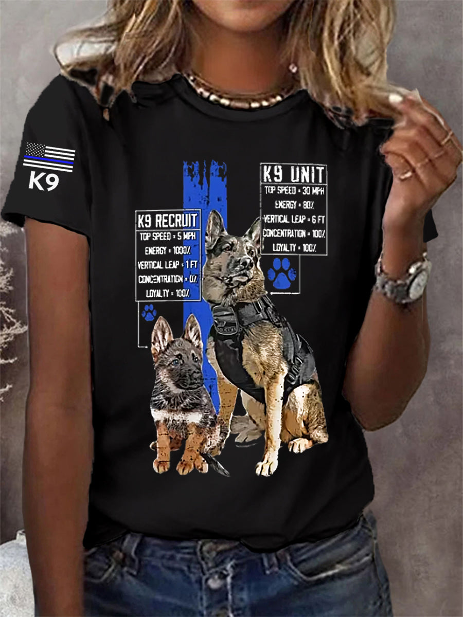 Women's Blue Line Patriotic K9 Police Officer Dog T-Shirt