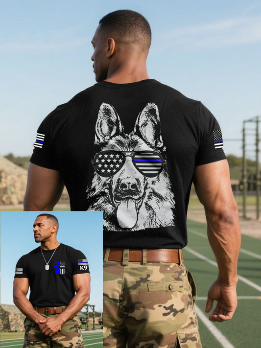 Men's K9 Thin Blue Line Flag German Shepherd Police Dog T-Shirt
