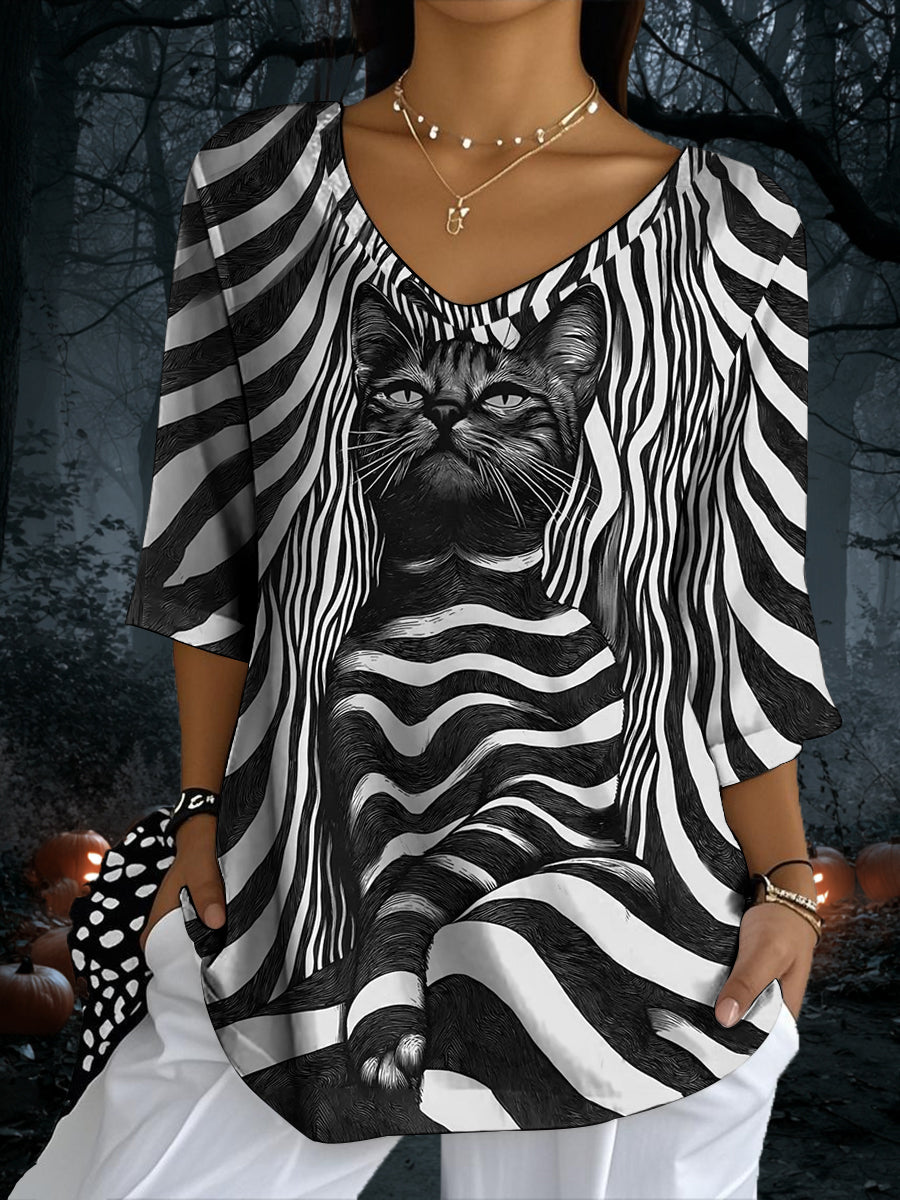 Women’s Black Cat Stripes Print Casual Half-Sleeve Top