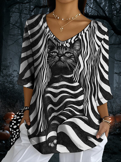 Women’s Black Cat Stripes Print Casual Half-Sleeve Top