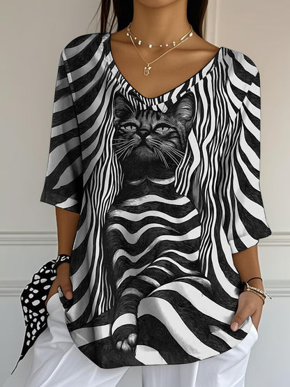 Women’s Black Cat Stripes Print Casual Half-Sleeve Top