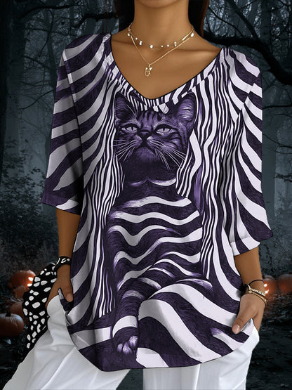 Women’s Black Cat Stripes Print Casual Half-Sleeve Top