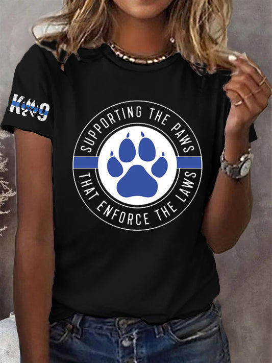 Women's Blue Line Patriotic K9 Police Officer Dog T-Shirt