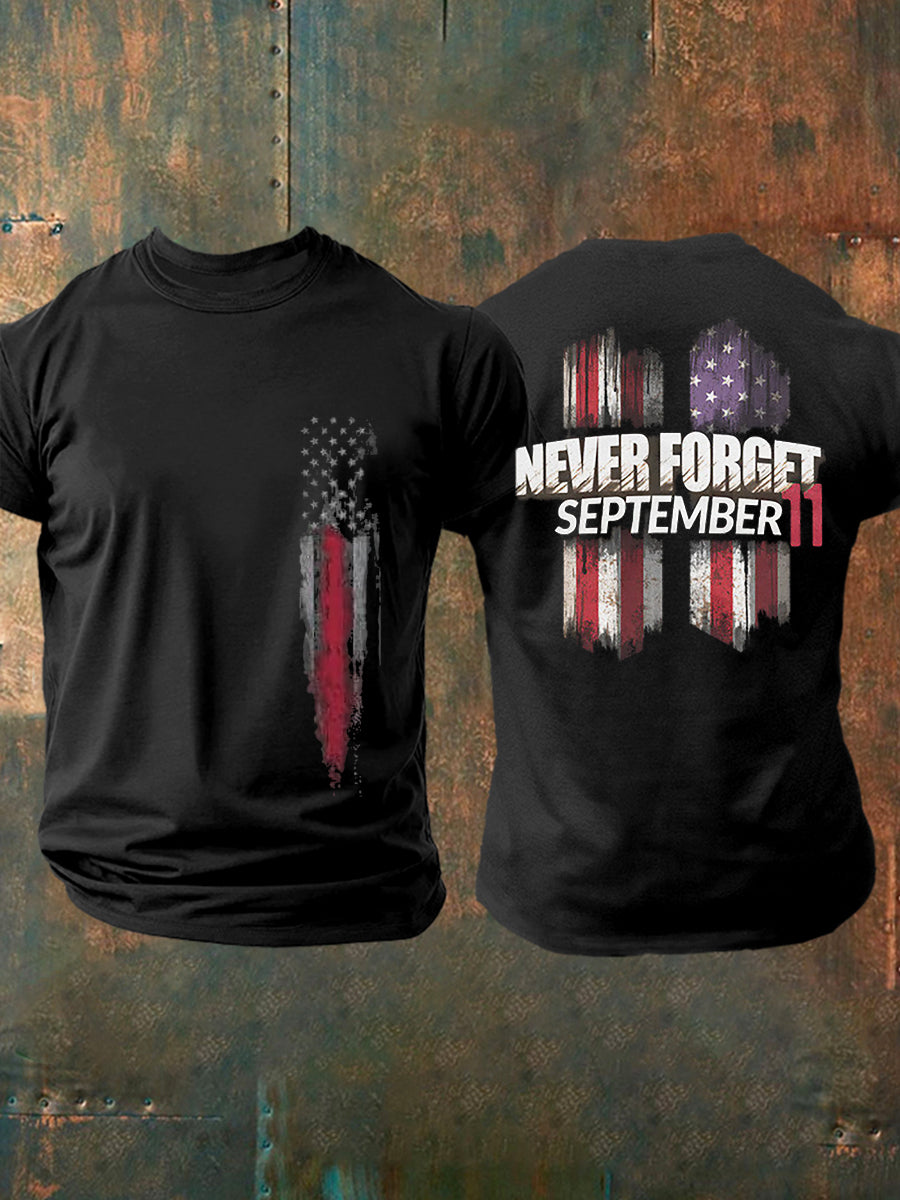Men's 2025 Patriots Day Commemorating The 24th Anniversary Of 9/11: "Never Forget 9/11" T-shirt