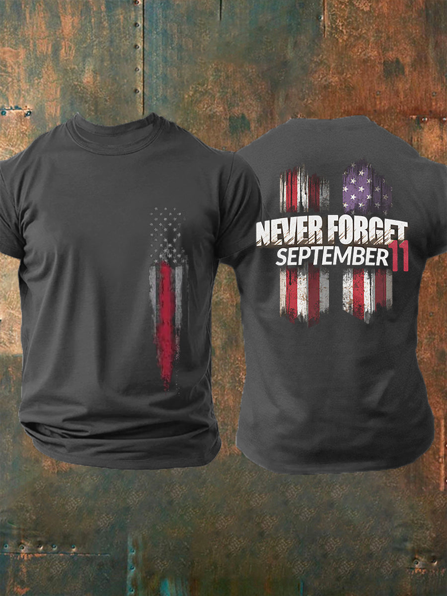 Men's 2025 Patriots Day Commemorating The 24th Anniversary Of 9/11: "Never Forget 9/11" T-shirt