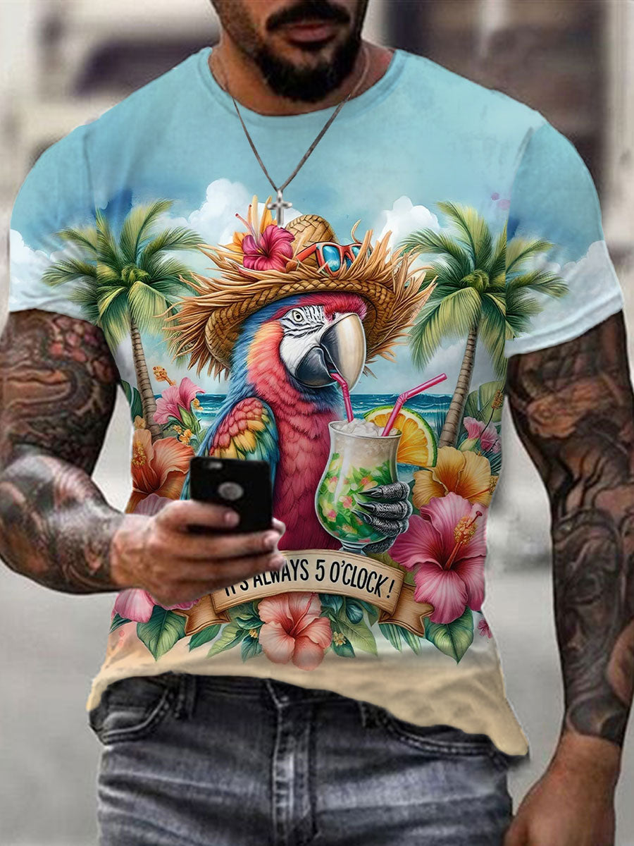 Men's Funny It's 5 O'clock Somewhere Parrot Printed Short Sleeve Tee
