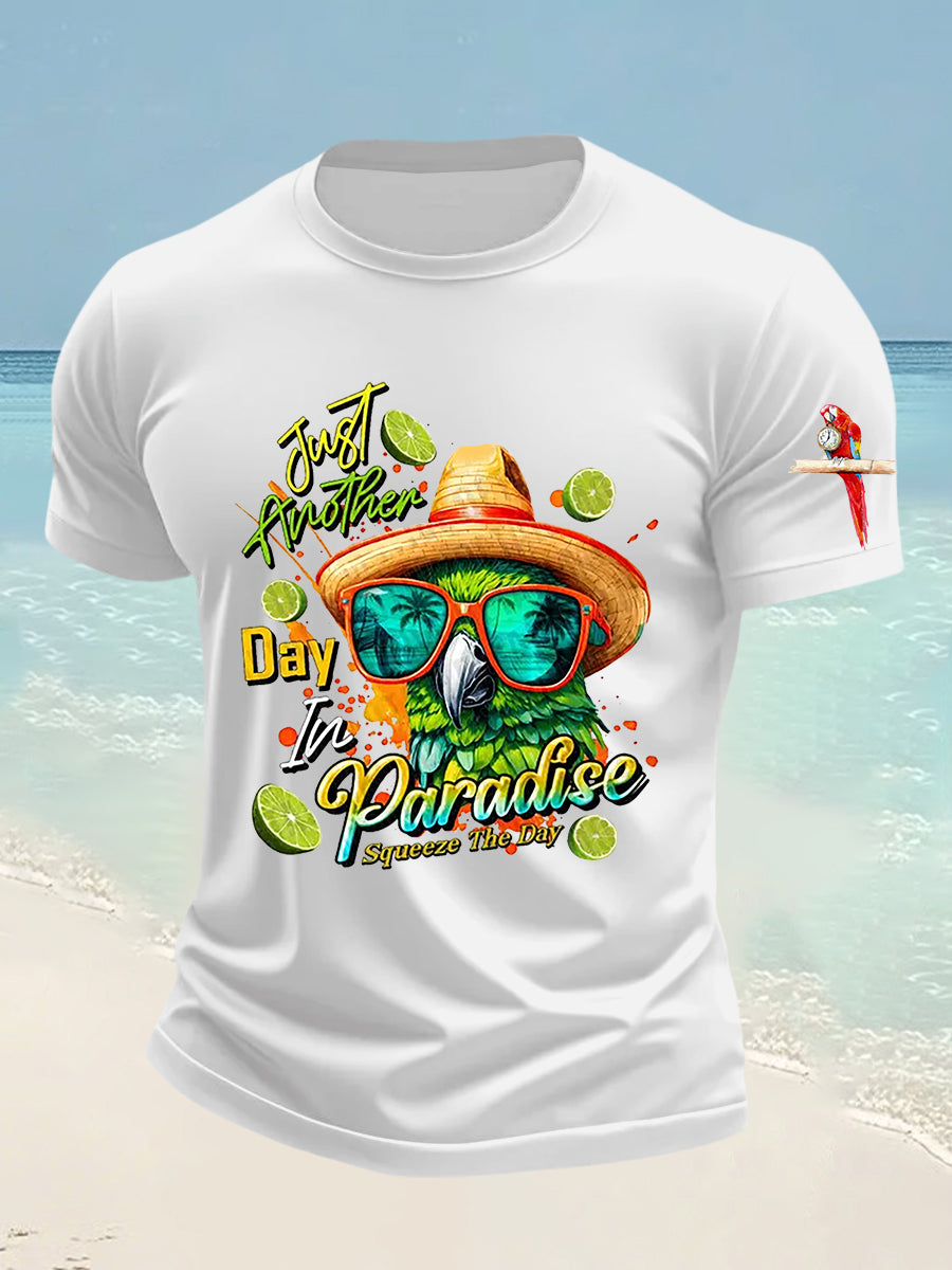 Men's Funny It's 5 O'clock Somewhere Parrot Just Another Day in Paradise Printed Short Sleeve Tee