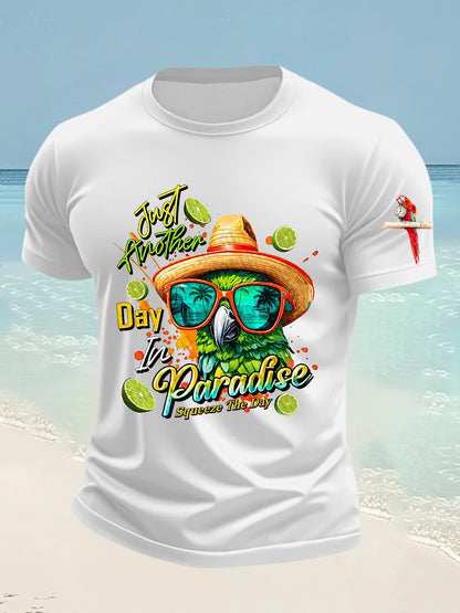 Men's Funny It's 5 O'clock Somewhere Parrot Just Another Day in Paradise Printed Short Sleeve Tee