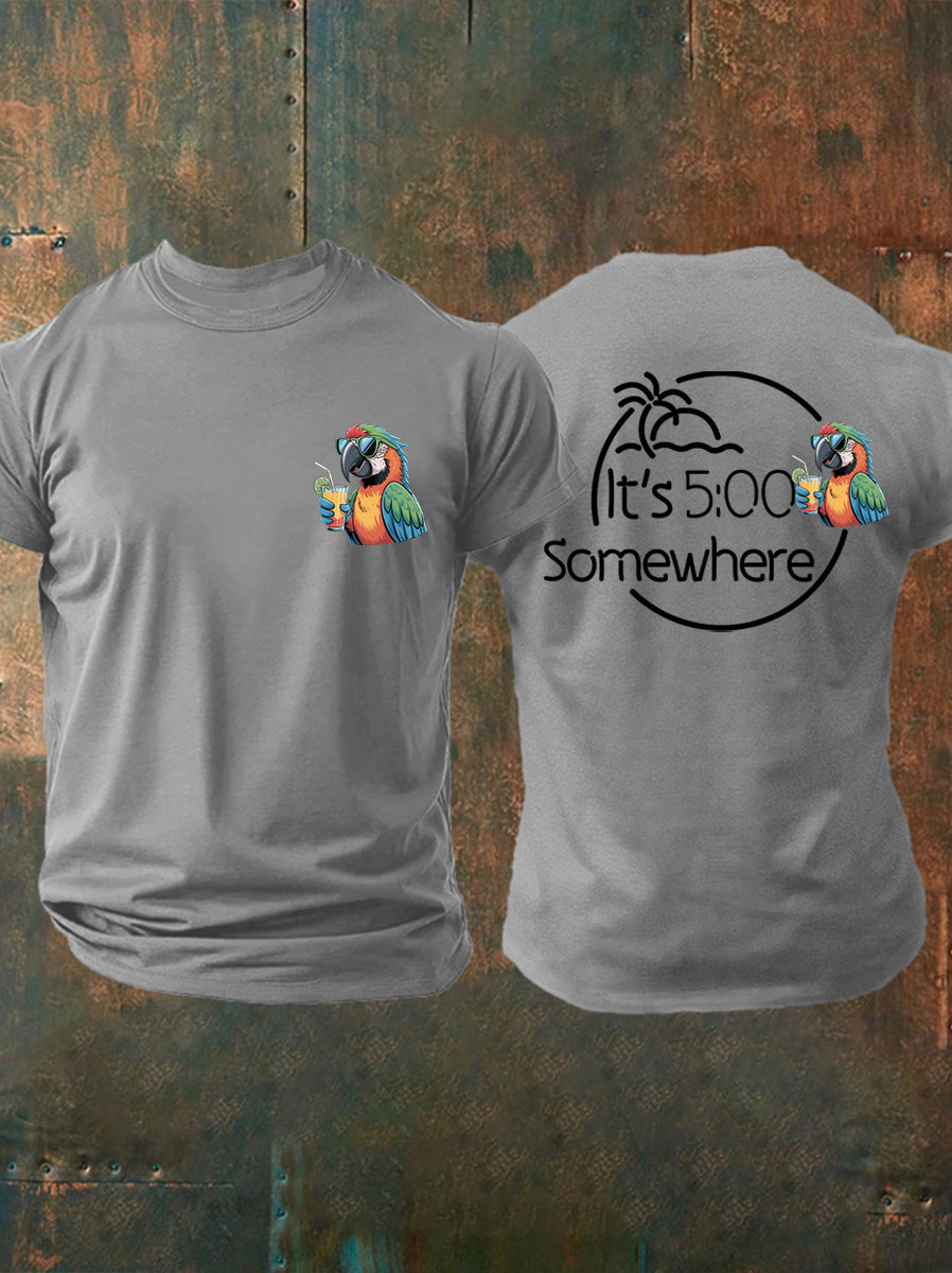 Men's It's 5 O'clock Somewhere Parrot Print Casual Tee