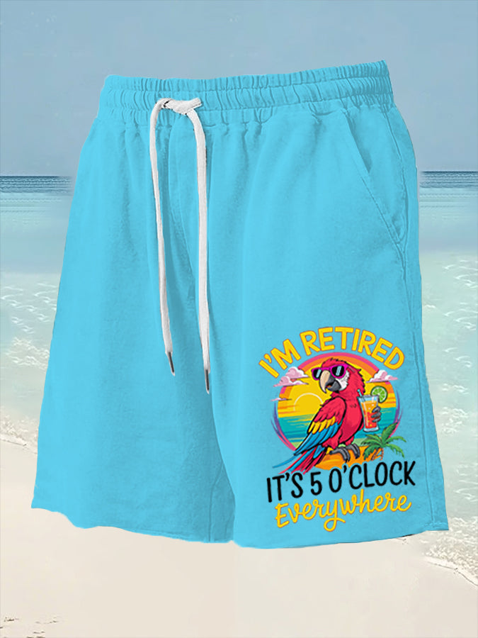 Men's I'm Retired It's 5 O'clock Somewhere Parrot Print Casual Shorts