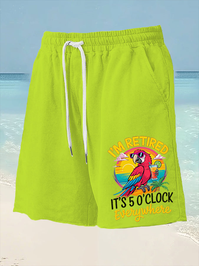 Men's I'm Retired It's 5 O'clock Somewhere Parrot Print Casual Shorts