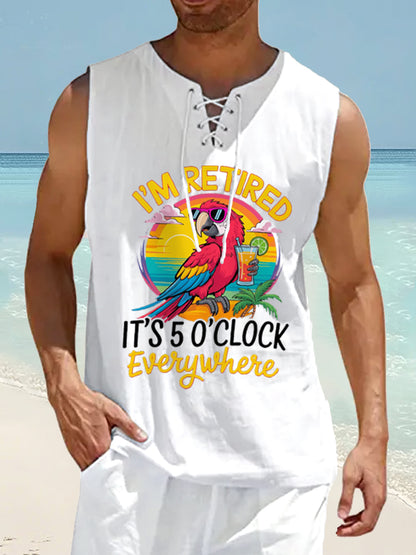 Men's I‘m Retired It‘s 5 O'clock Everywhere Parrot Print Casual Lace-up Sleeveless Shirt