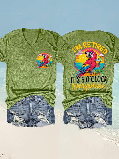 Women's  I'm Retired It's 5 O'clock Everywhere Parrot Print Casual V-Neck Tee