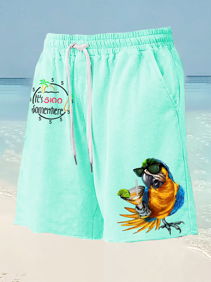 Men's  It's 5 O'clock Somewhere Parrot Print Drawstring Shorts
