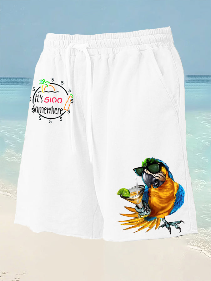 Men's  It's 5 O'clock Somewhere Parrot Print Drawstring Shorts