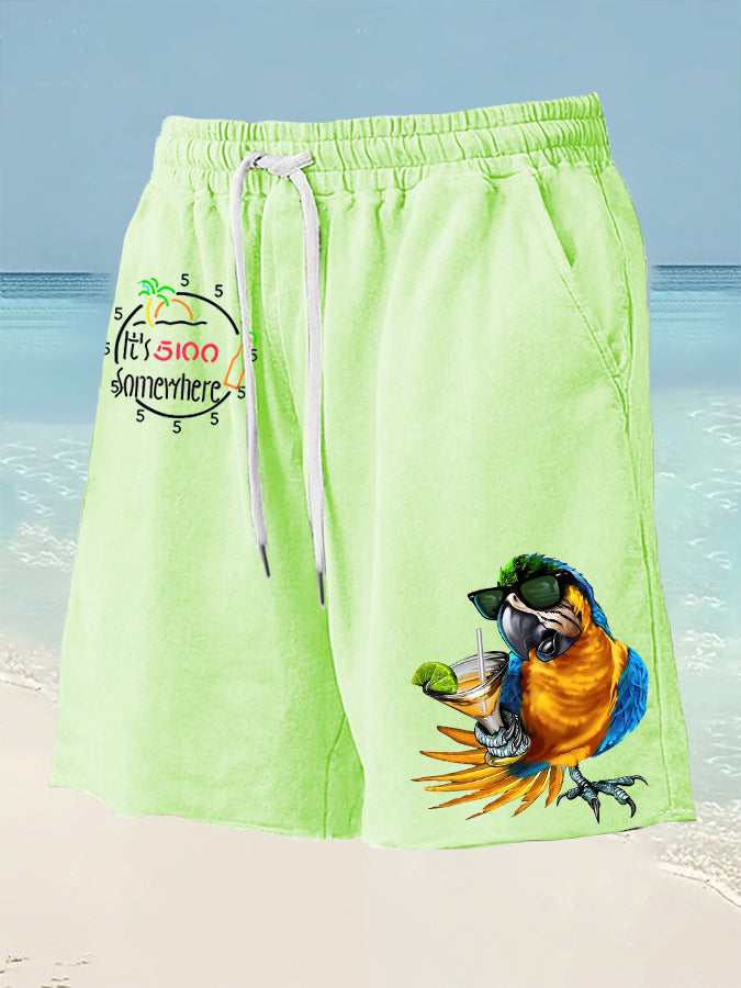 Men's  It's 5 O'clock Somewhere Parrot Print Drawstring Shorts