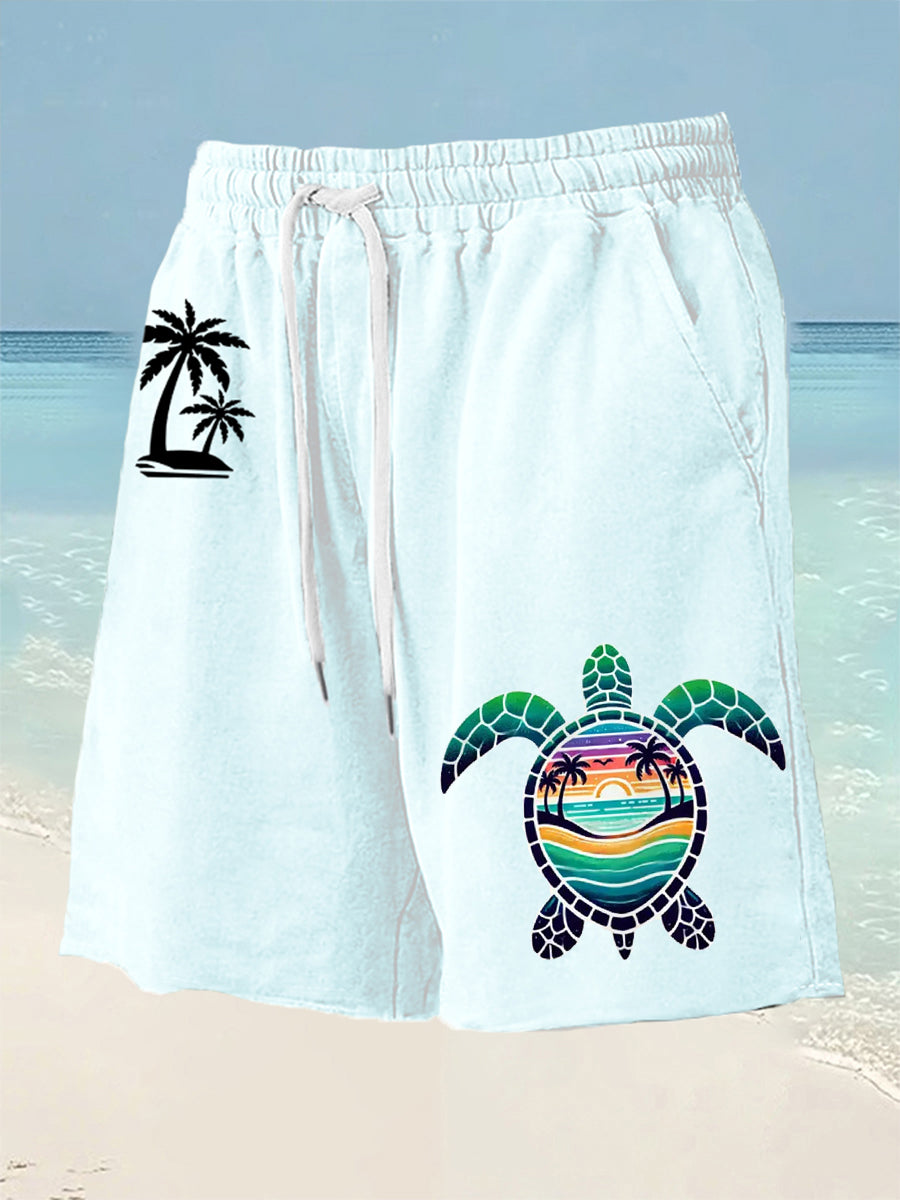 Men's Beach Vacation Sea Turtle Palm Tree Silhouette Print Casual Shorts