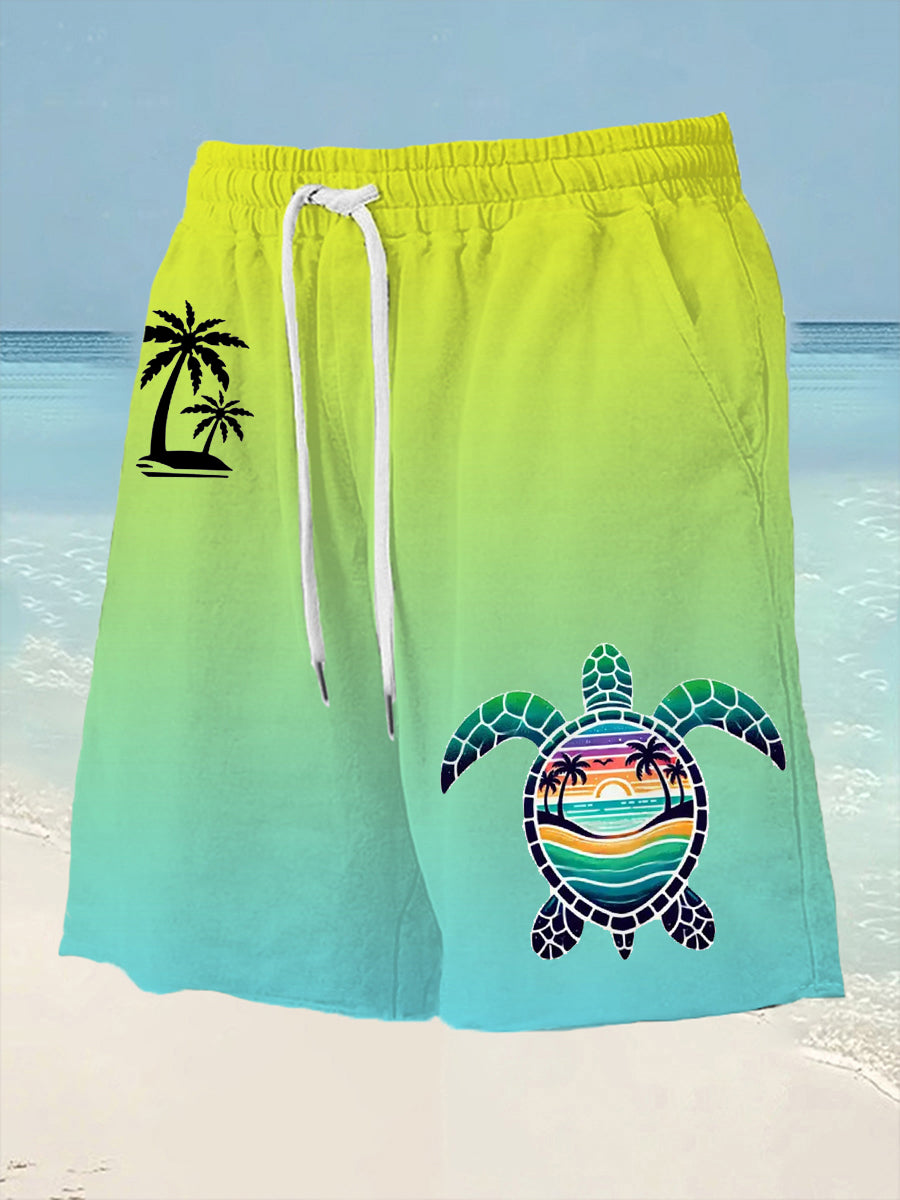 Men's Beach Vacation Sea Turtle Palm Tree Silhouette Print Casual Shorts