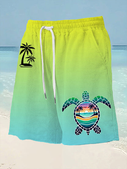 Men's Beach Vacation Sea Turtle Palm Tree Silhouette Print Casual Shorts