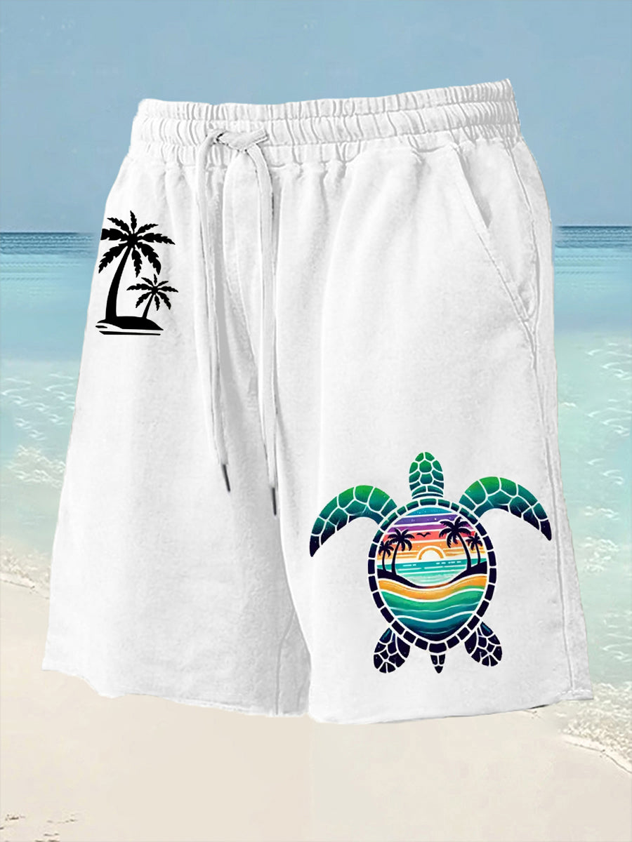 Men's Beach Vacation Sea Turtle Palm Tree Silhouette Print Casual Shorts