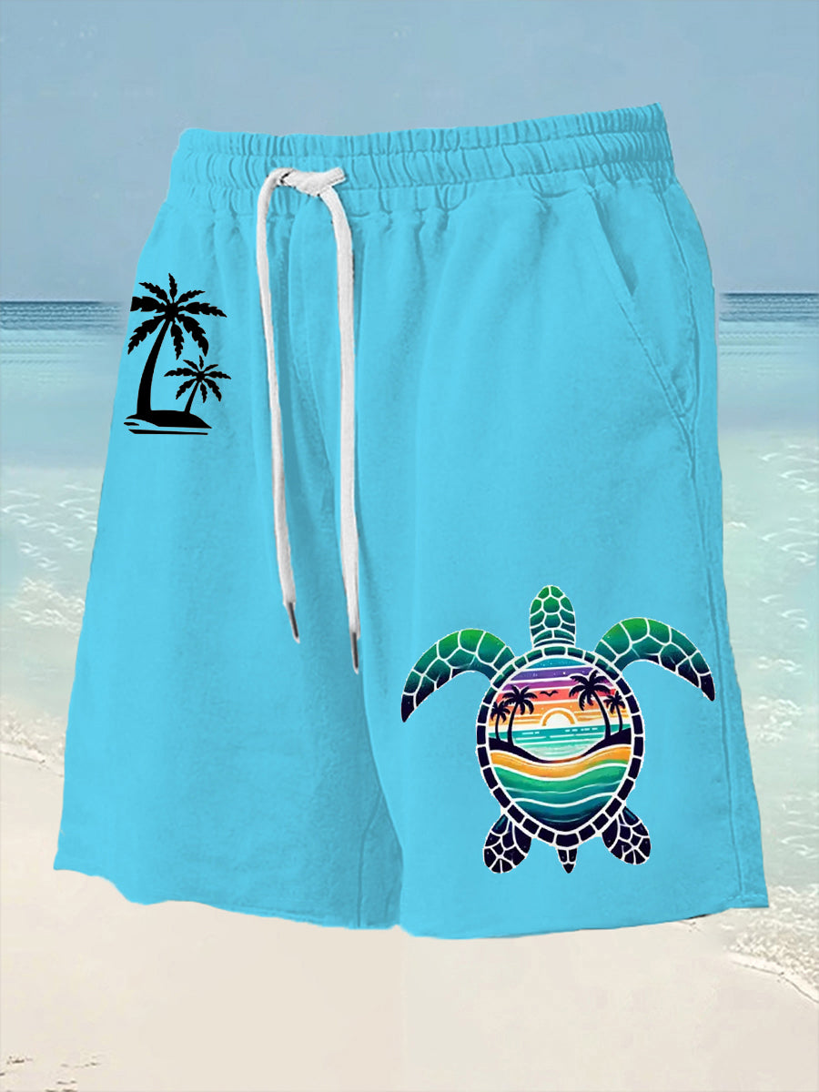 Men's Beach Vacation Sea Turtle Palm Tree Silhouette Print Casual Shorts