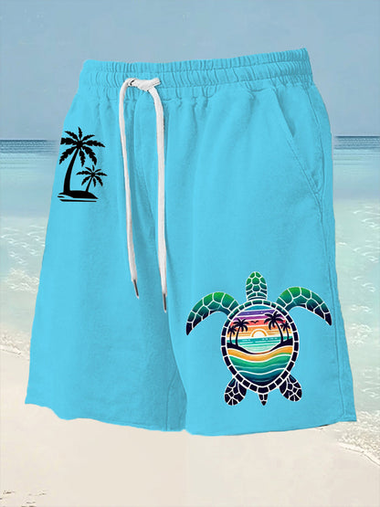 Men's Beach Vacation Sea Turtle Palm Tree Silhouette Print Casual Shorts