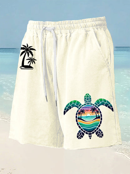 Men's Beach Vacation Sea Turtle Palm Tree Silhouette Print Casual Shorts