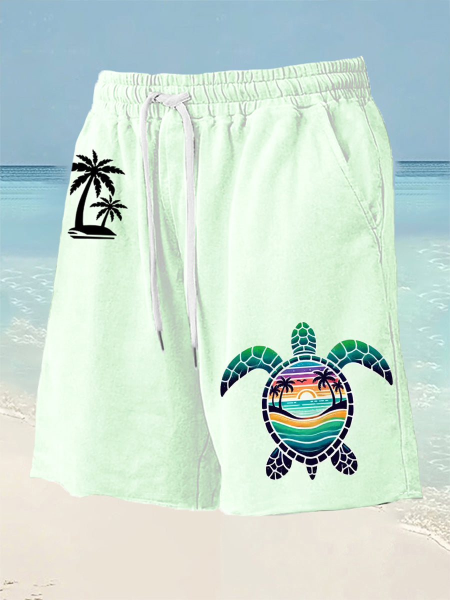 Men's Beach Vacation Sea Turtle Palm Tree Silhouette Print Casual Shorts