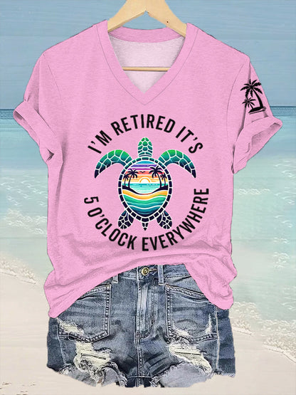 Women's I'm Retired It's 5 O'clock Everywhere Sea Turtle Print Casual V-Neck Tee