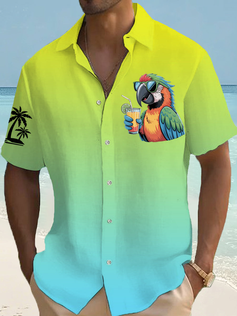 Men's I'm Retired It's 5 O'clock Everywhere Parrot Palm Silhouette Print Casual Short-Sleeve Shirt