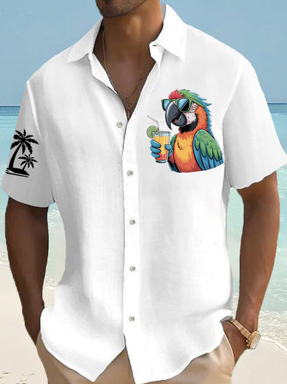 Men's I'm Retired It's 5 O'clock Everywhere Parrot Palm Silhouette Print Casual Short-Sleeve Shirt