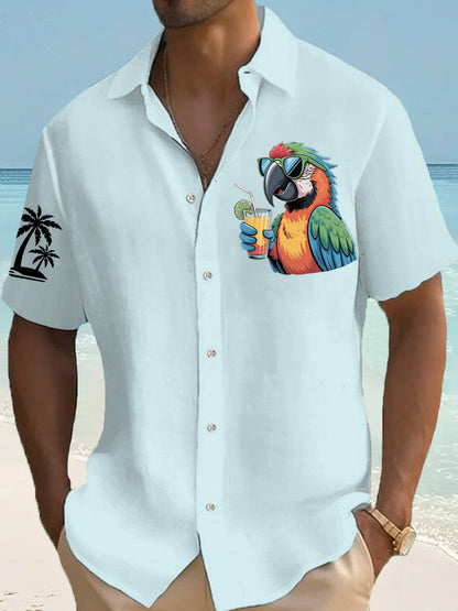 Men's I'm Retired It's 5 O'clock Everywhere Parrot Palm Silhouette Print Casual Short-Sleeve Shirt