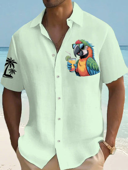 Men's I'm Retired It's 5 O'clock Everywhere Parrot Palm Silhouette Print Casual Short-Sleeve Shirt