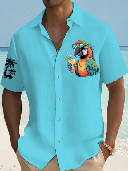 Men's I'm Retired It's 5 O'clock Everywhere Parrot Palm Silhouette Print Casual Short-Sleeve Shirt