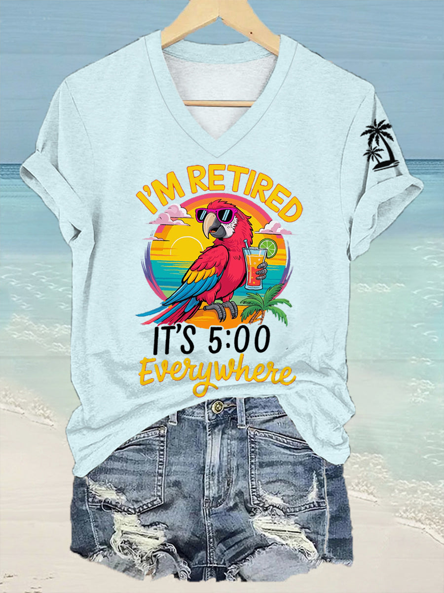 Women's I'm Retired It's 5 O'clock Everywhere Parrot Print Casual V-Neck Tee