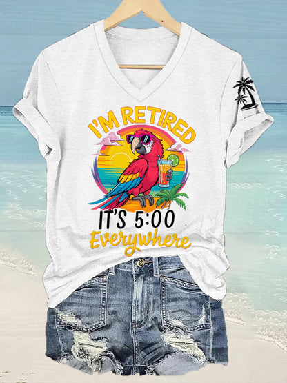 Women's I'm Retired It's 5 O'clock Everywhere Parrot Print Casual V-Neck Tee